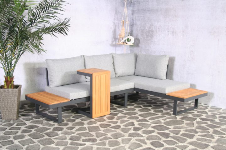 Loungeset Olympia | Multifunctioneel | 4-persoons tuinset olympia grijs hout VanderSpek sfeer zeikant voorkant tafel